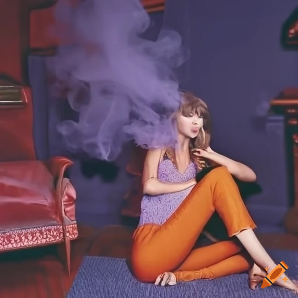 Taylor swift with lavender cigarette in 1970s living room on craiyon