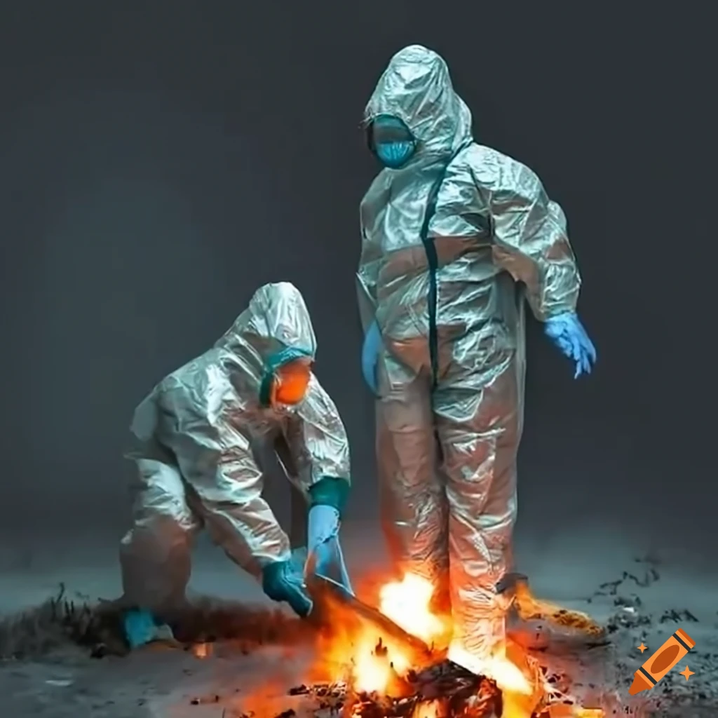 Two people in hazmat suits roasting marshmallows in a wasteland