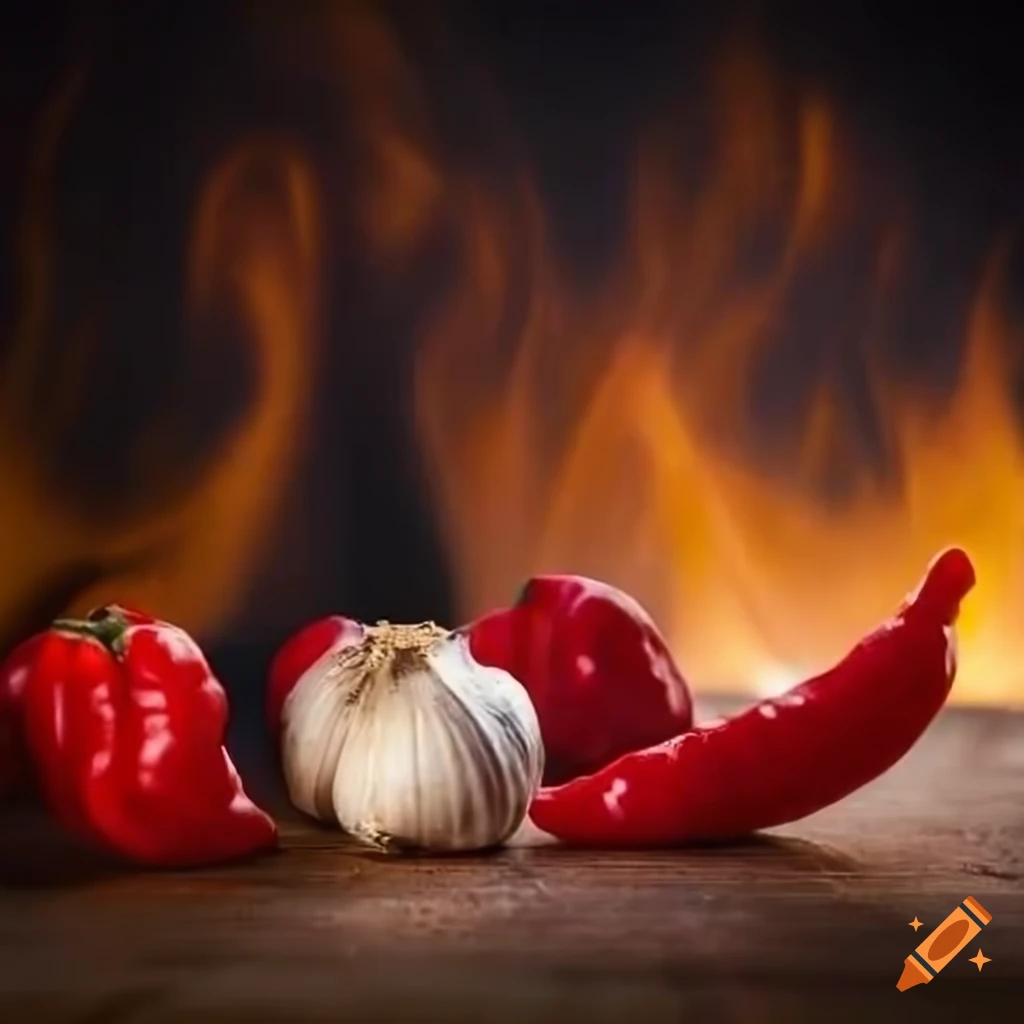 Scotch bonnet chilli peppers and garlic on dark fiery background
