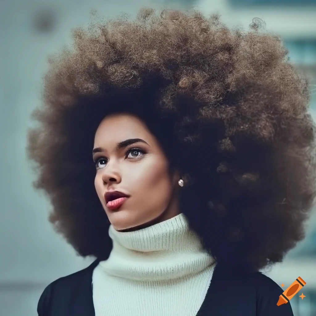 Portrait of a beautiful woman with a massive afro and white turtleneck sweater