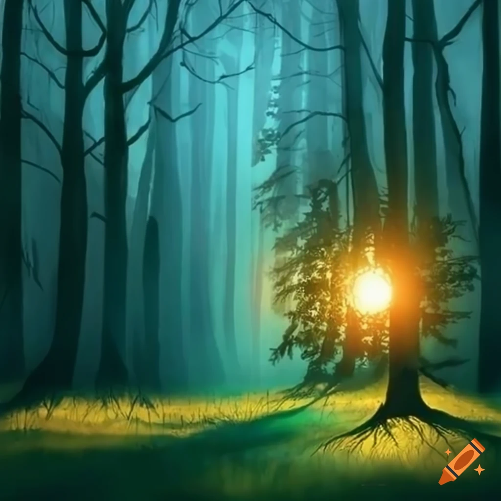 Ray of sunlight through the forest trees in a comic book style