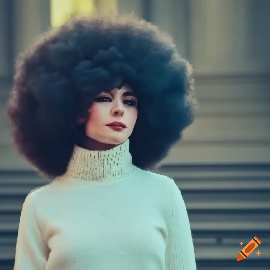 Portrait of a beautiful woman with a massive afro and white turtleneck sweater