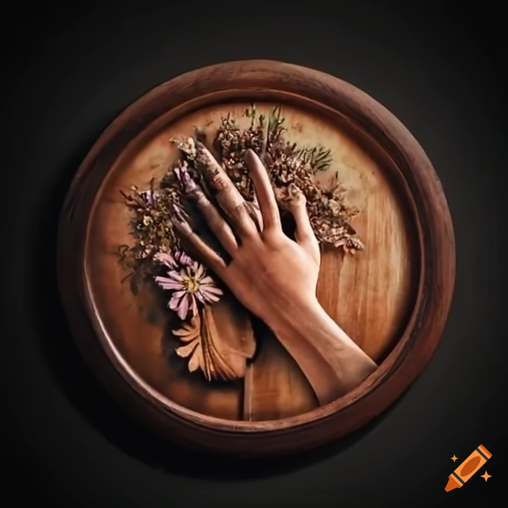 Wood medallion of a closed hand holding herbs and flowers