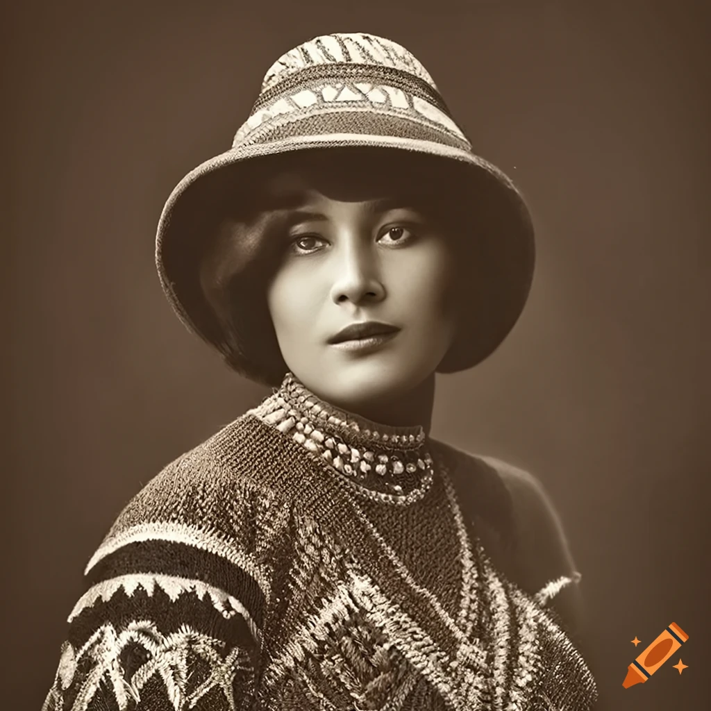 Vintage sepia 1920s portrait of a tall Osage indigenous woman in traditional attire