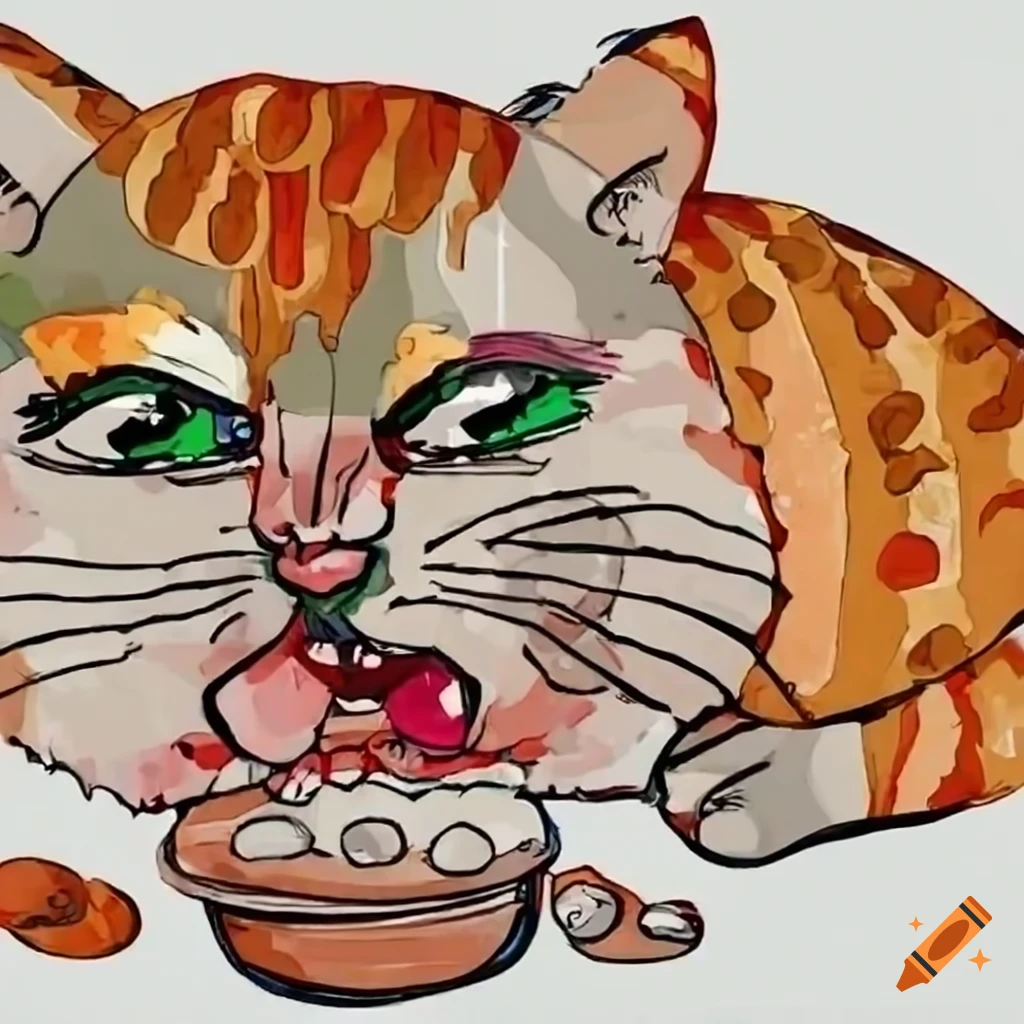 Angry cat eating dumplings drawing on Craiyon