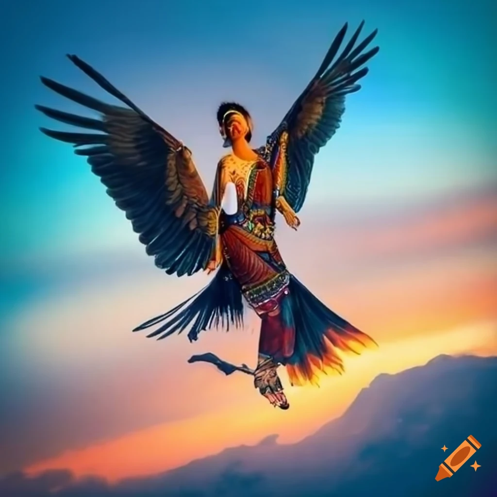 Skywoman with indigenous features riding on an eagle with wings on both sides