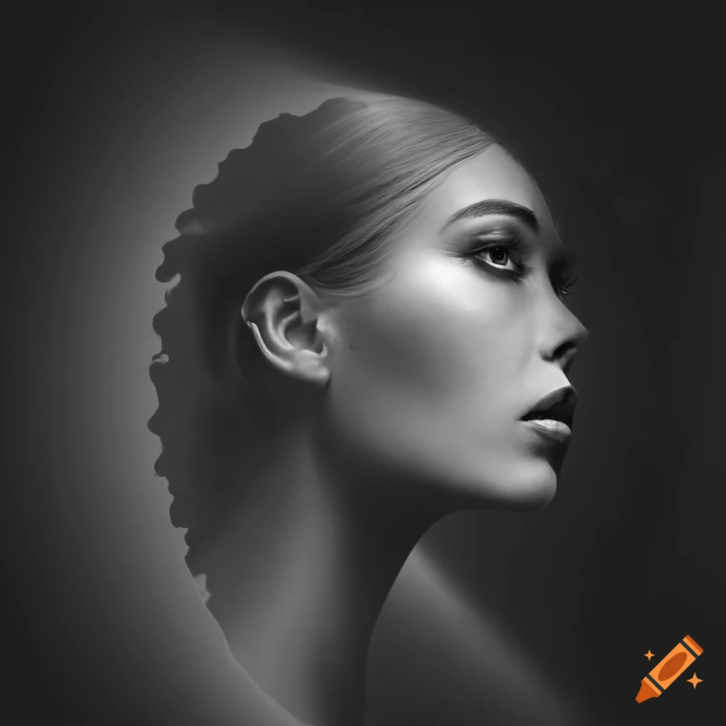 Artistic double exposure of paradoxical illusions with a woman's face in monochrome
