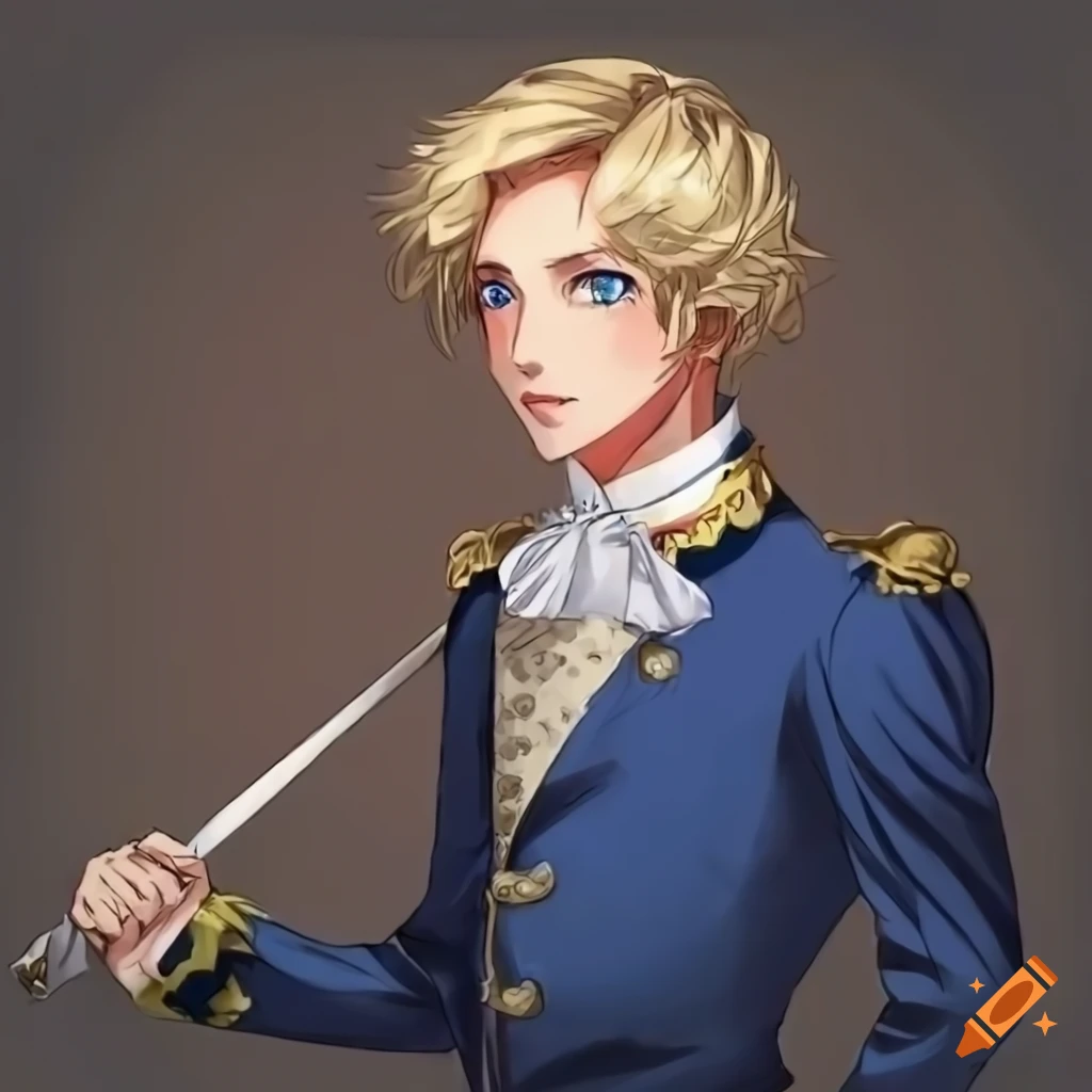 Anime style drawing of a dashing young man in a 19th century dress uniform with a rapier, posing in a formal portrait