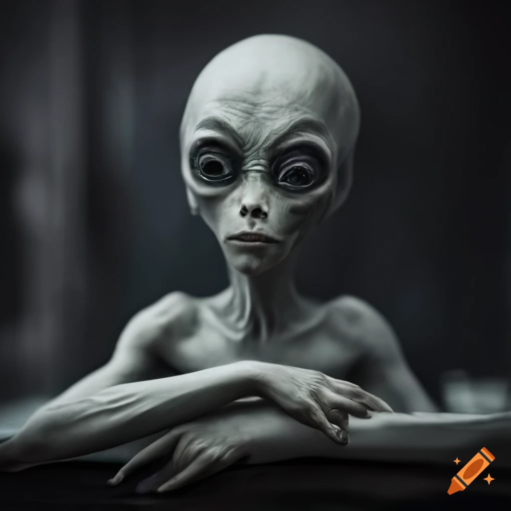 Realistic alien sitting at a table with a curious and dramatic ...