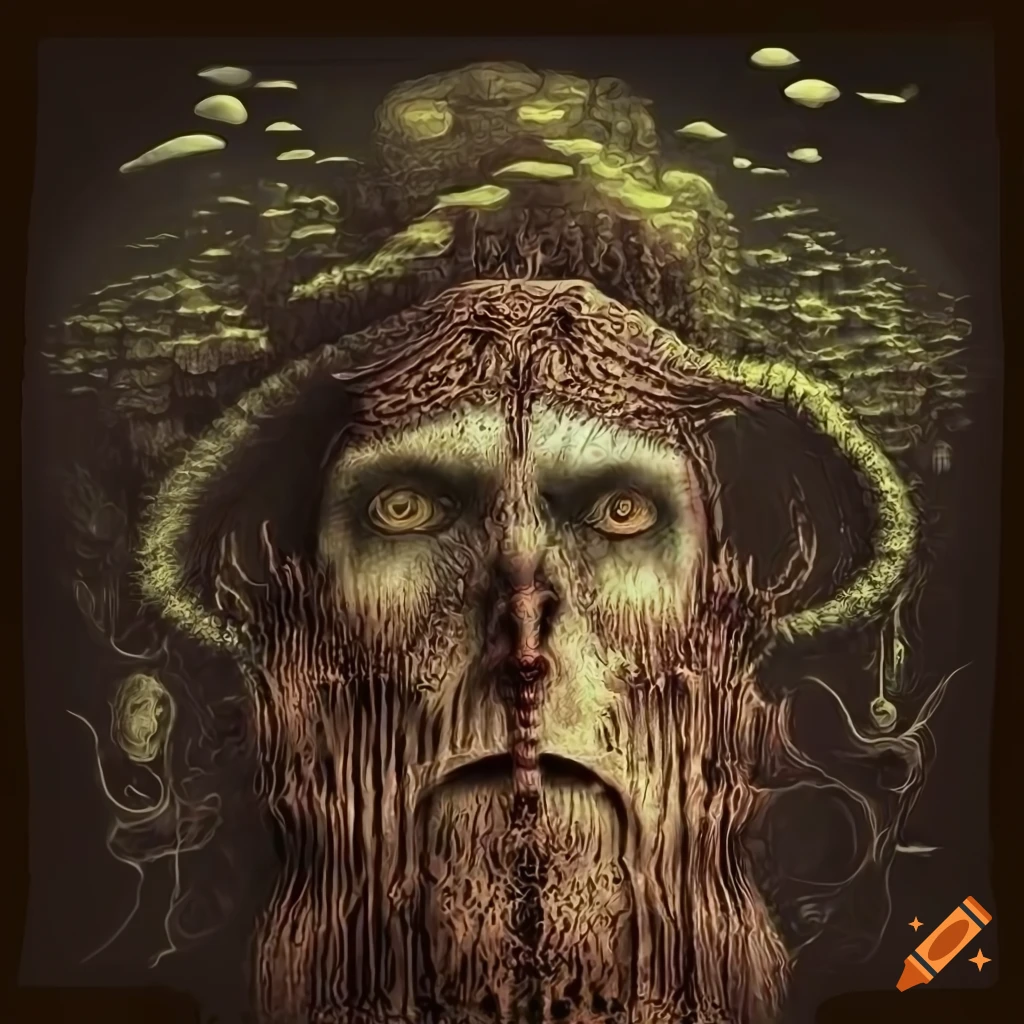Surrealist digital illustration with fantasy elements featuring a bearded hermit and otherworldly landscape
