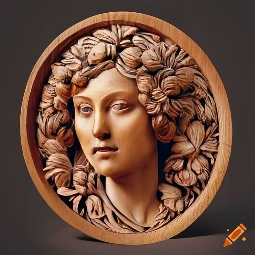 Wood carved medallion of a woman's hand holding herbs