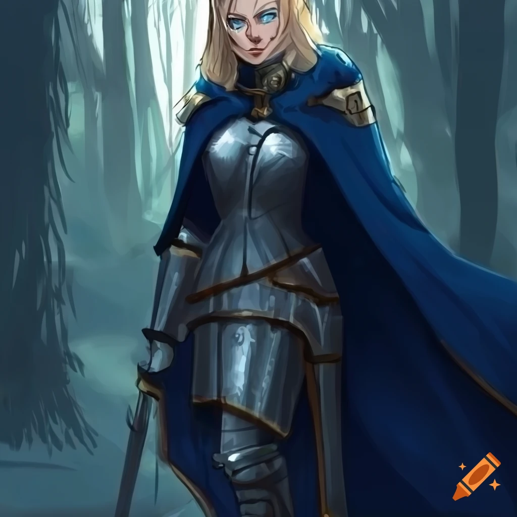 Woman knight with dark blue cape walking through a forest on Craiyon