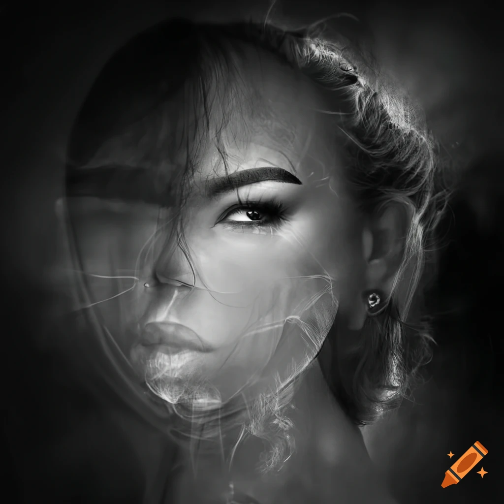 Artistic double exposure of paradoxical illusions with a woman's face in monochrome