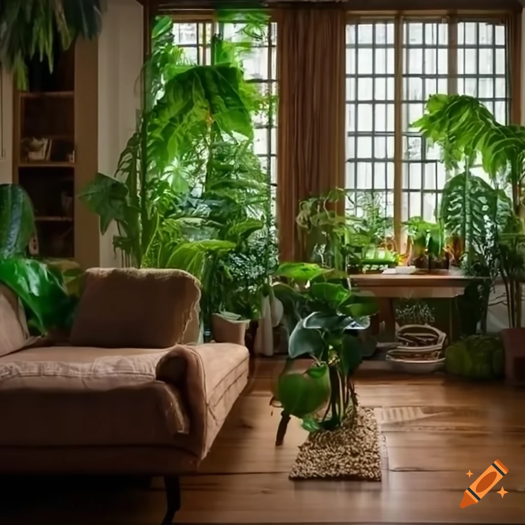 Lush green living room filled with a variety of plants