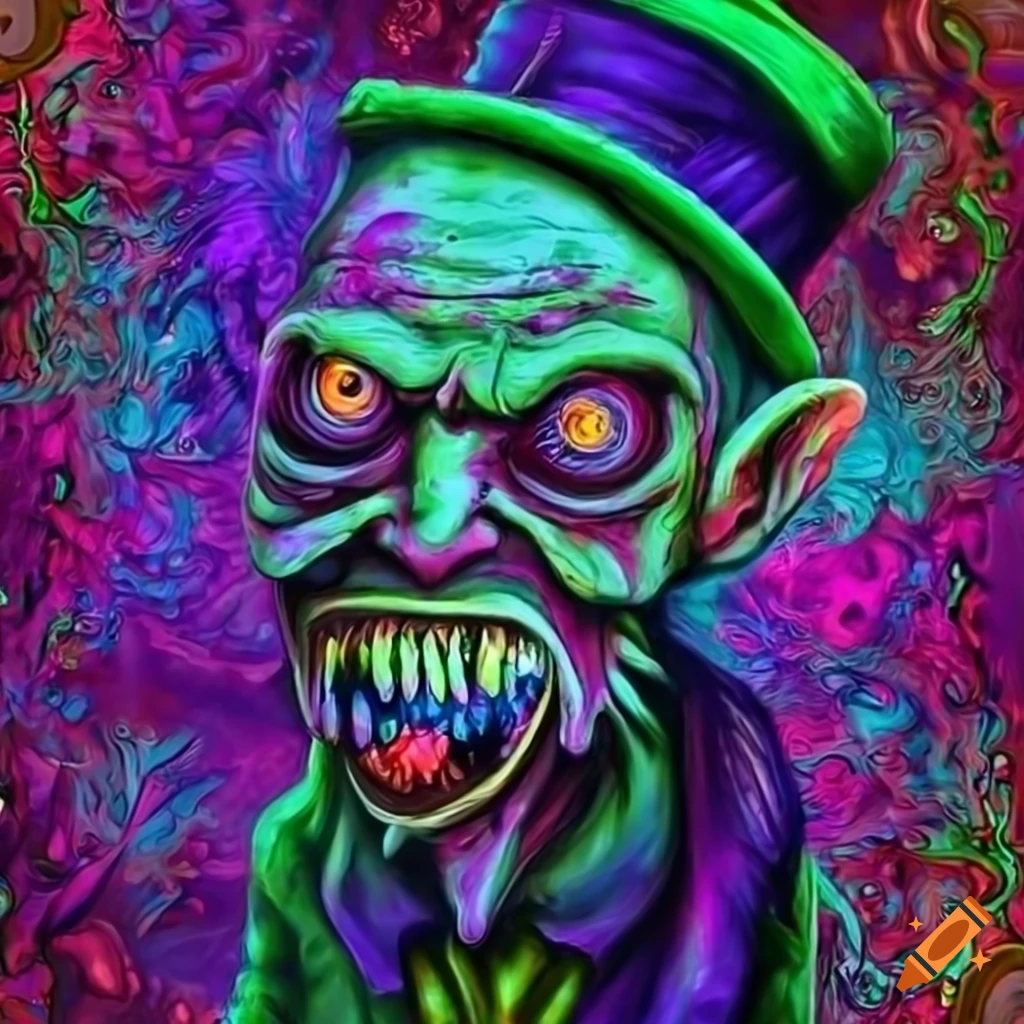 Neon psychedelic illustration of a zombie leprechaun with vibrant