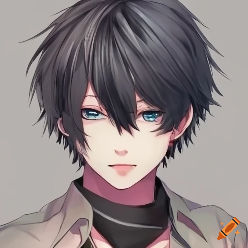 Anime boy with short black hair and blue-green eyes