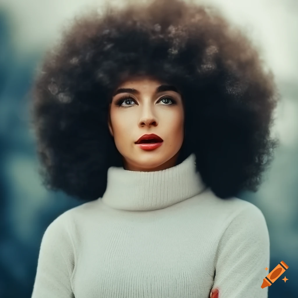 Beautiful woman with a massive afro and white turtleneck sweater on college campus