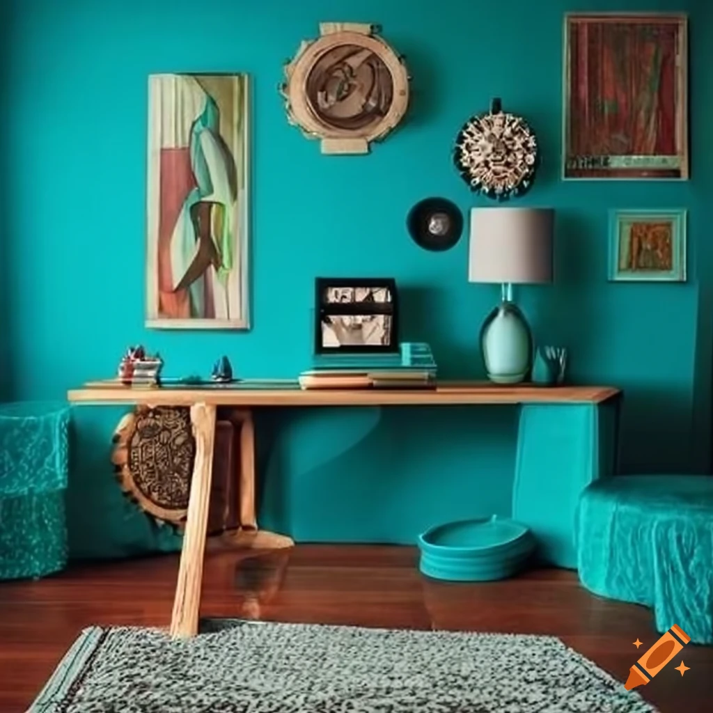 Eccentric home office with teal accents on Craiyon