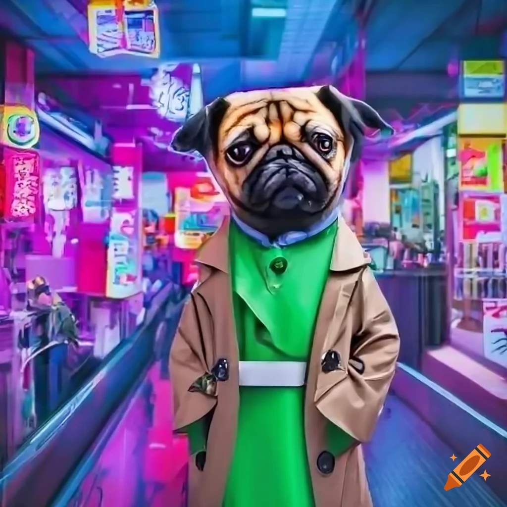 Stylish anthropomorphic pug in a futuristic Japanese market with neon billboards