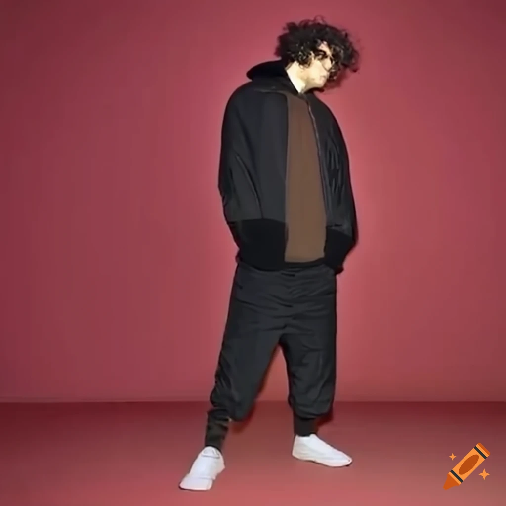 Stylish man in black bomber jacket and hoodie with oversize pants