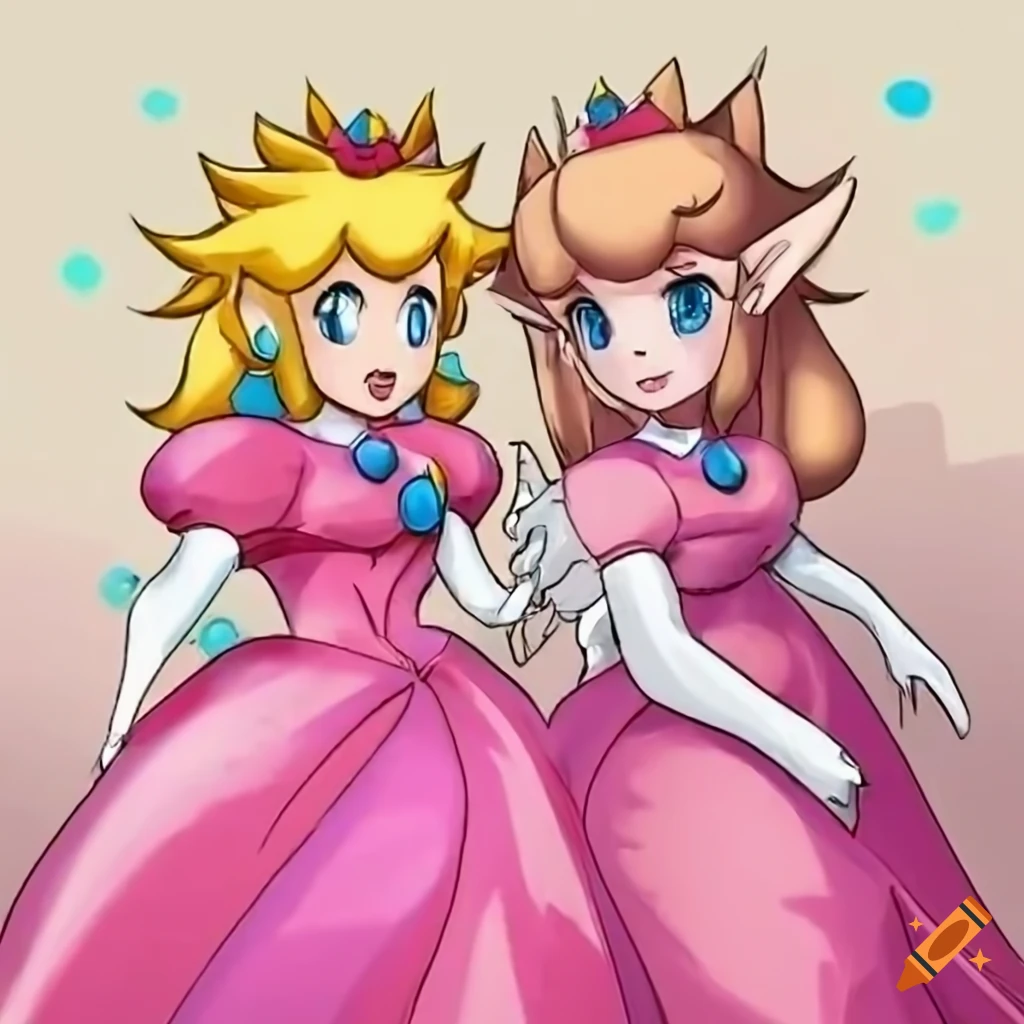 Princess peach and link in pink silk ballgowns pose together on Craiyon