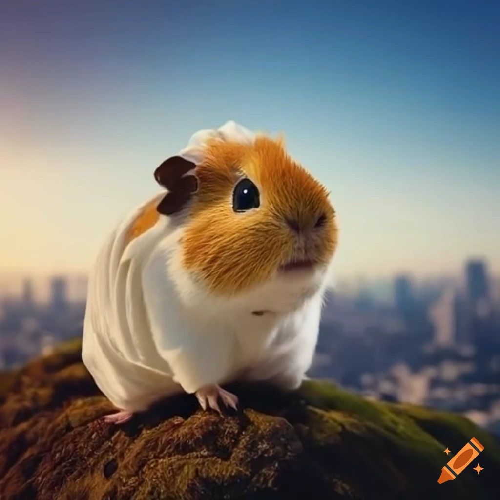 Guinea pig dressed in white robes on a hill in the city with sunlight