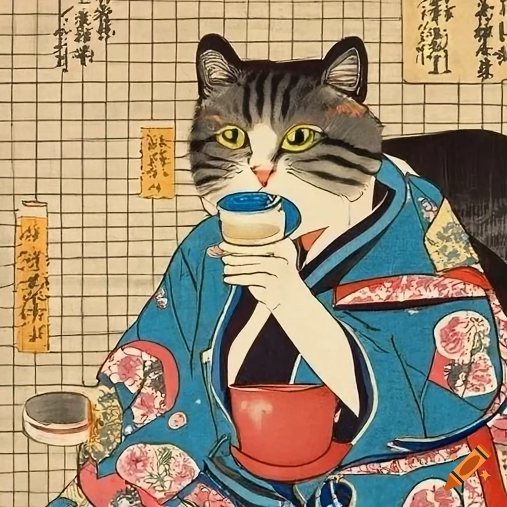 Cute cat in kimono drinking tea in the style of Utagawa Kuniyasu
