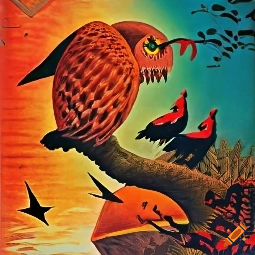 1930s Science Fiction pulp magazine cover with Arabic writing, red stars, owls, and crows