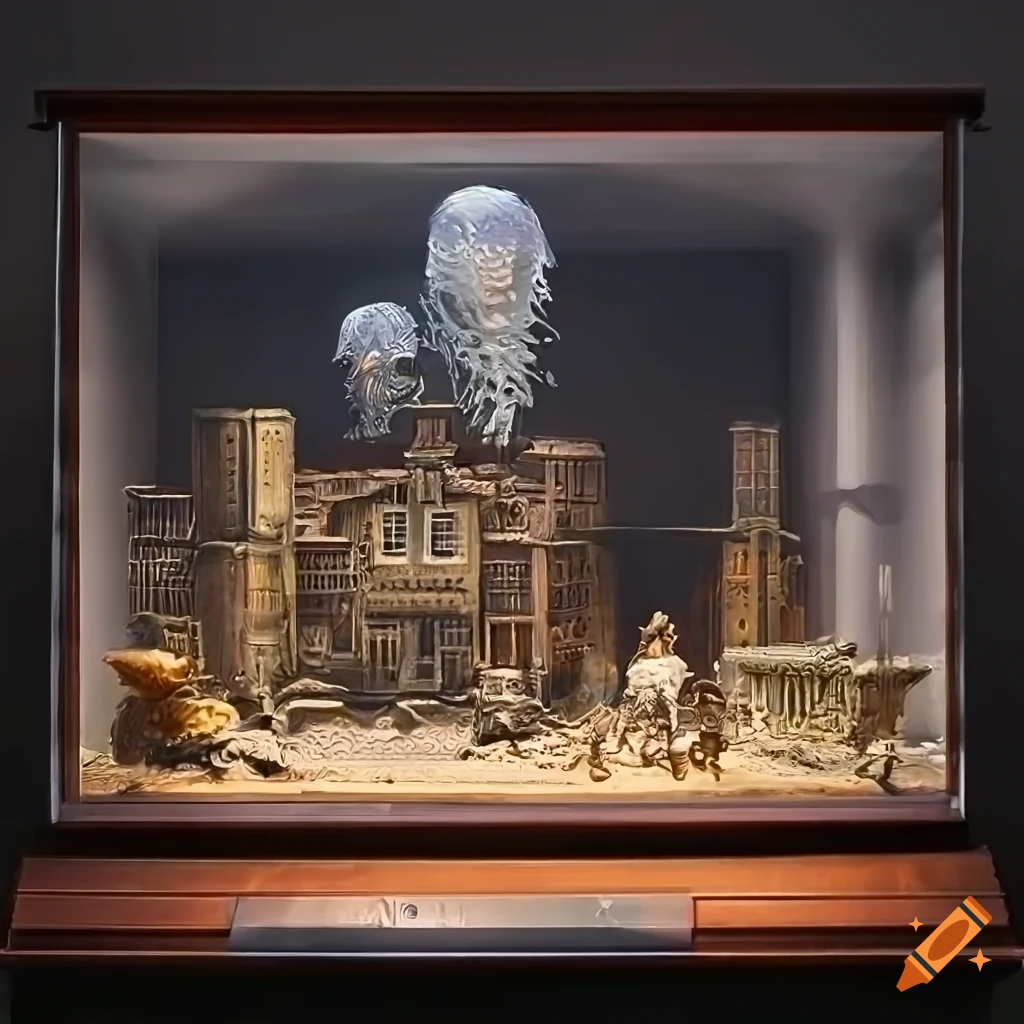 Diorama of battlefield cityscape with Mech in museum display case
