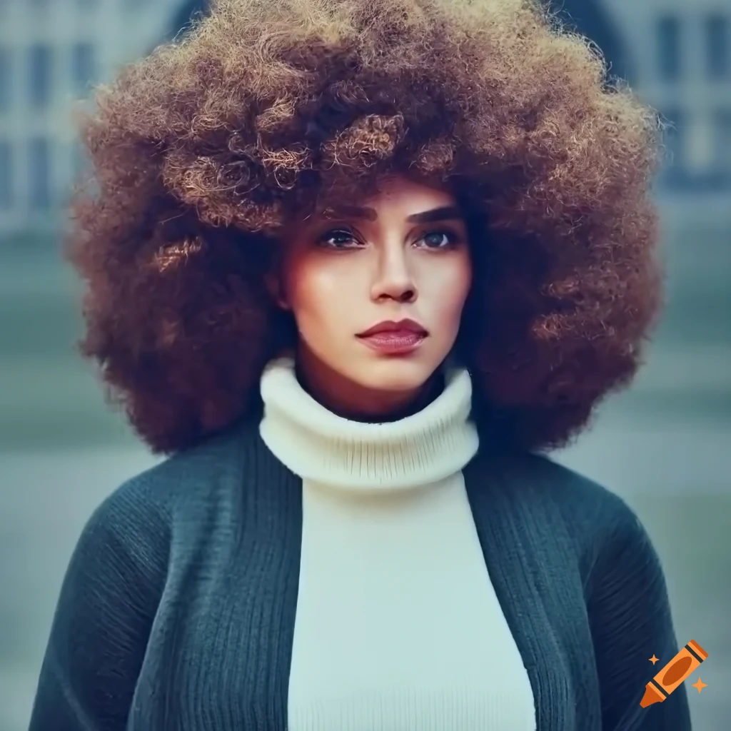Portrait of a woman with massive afro and white turtleneck sweater
