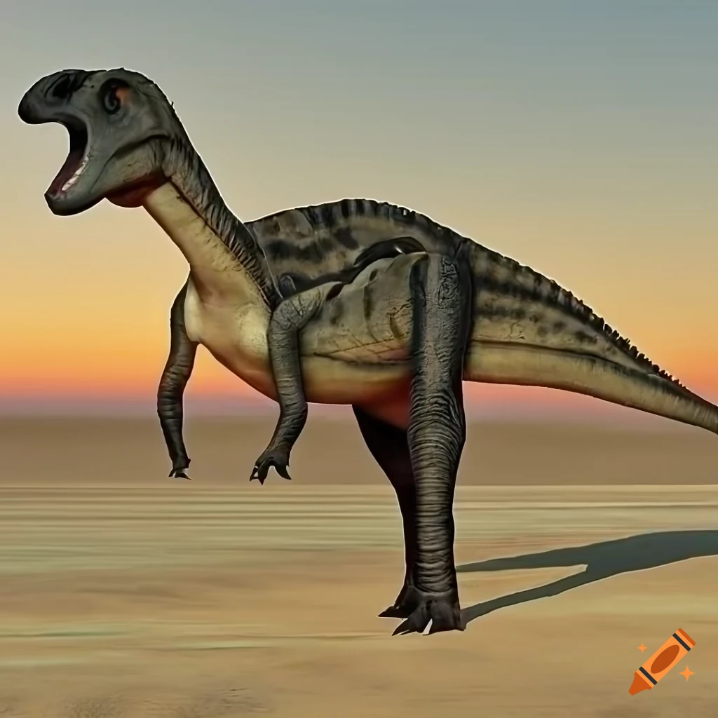 Colorful Hadrosaurus dinosaur with intricate lizard-like pattern in warm morning light