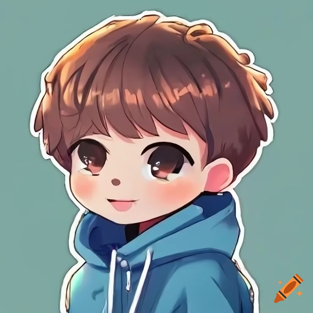 Cartoony anime-style boy with brown hair and blue hoodie on Craiyon