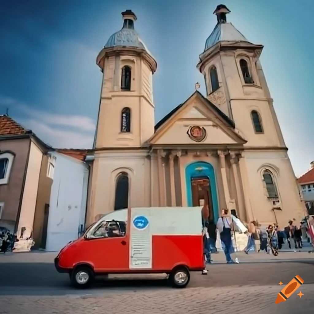 Italian pizza van with opened awning in front of a church