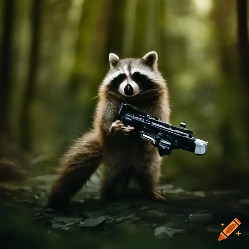 Friendly raccoon in futuristic gear with a power gun in a forest on Craiyon
