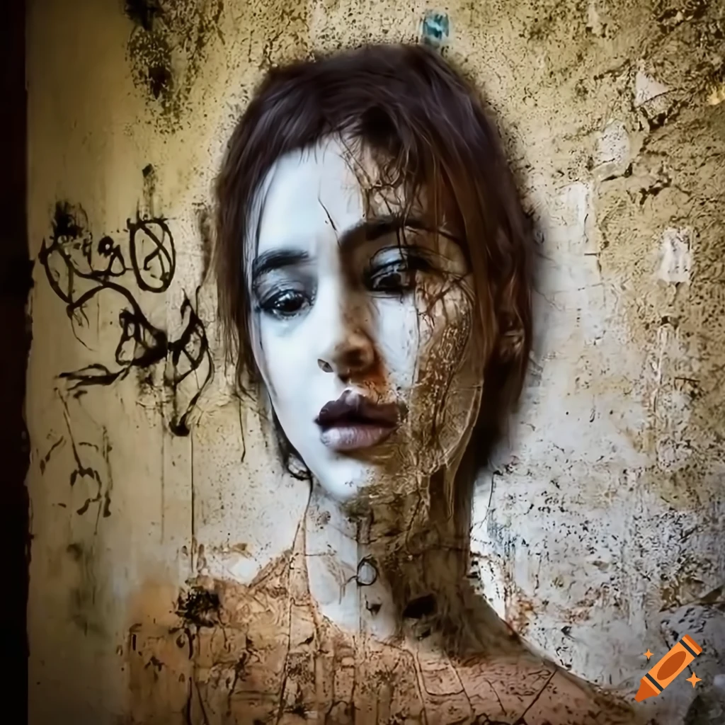 Graffiti of a woman's face on a wall in an abandoned hotel