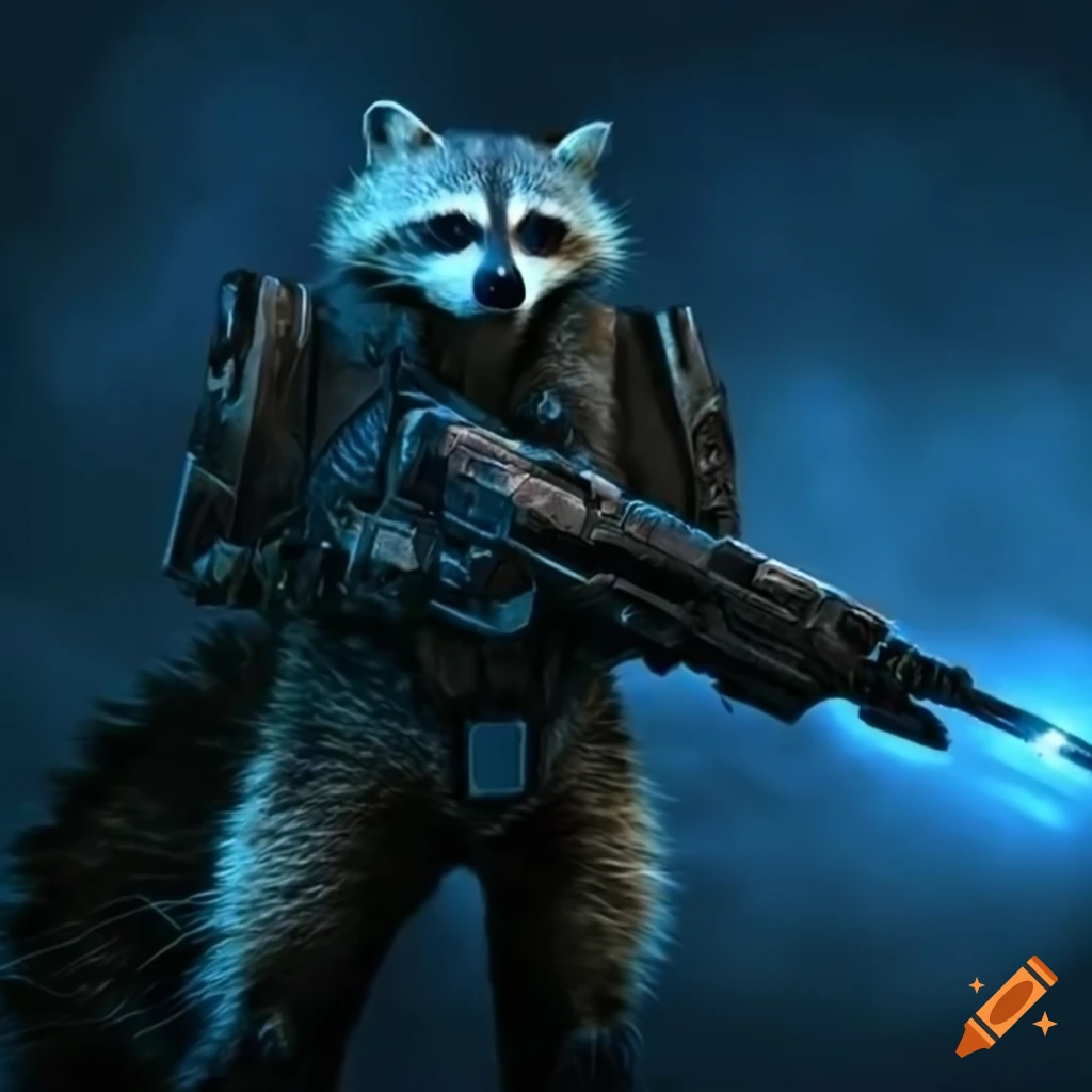 Friendly raccoon in a blue tiberium field at night