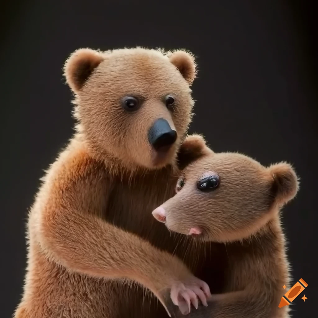 Bear cuddling a mouse in a puppet scene on Craiyon