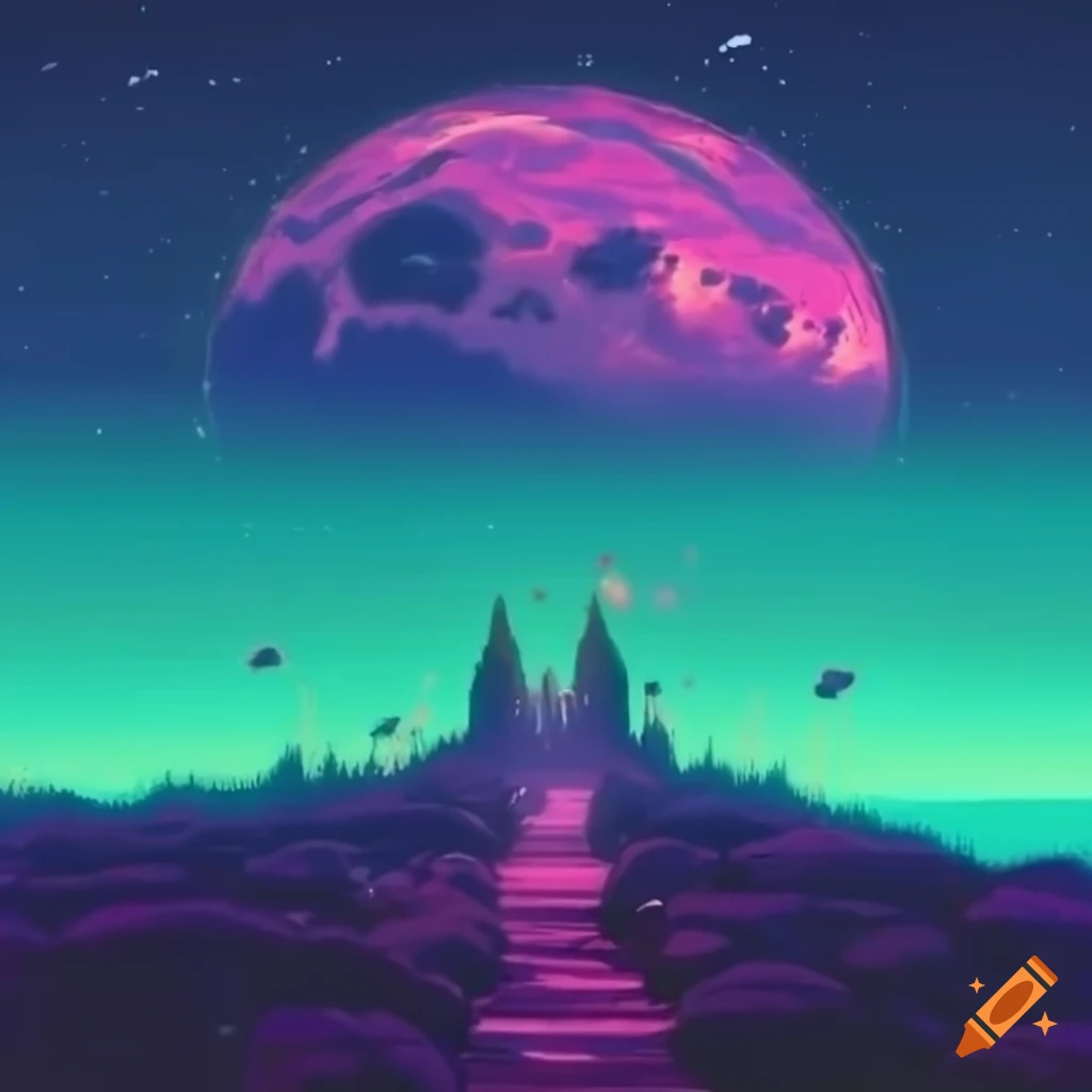 Planet rising over an alien landscape with mysterious plants and trees in 1980s retro anime style