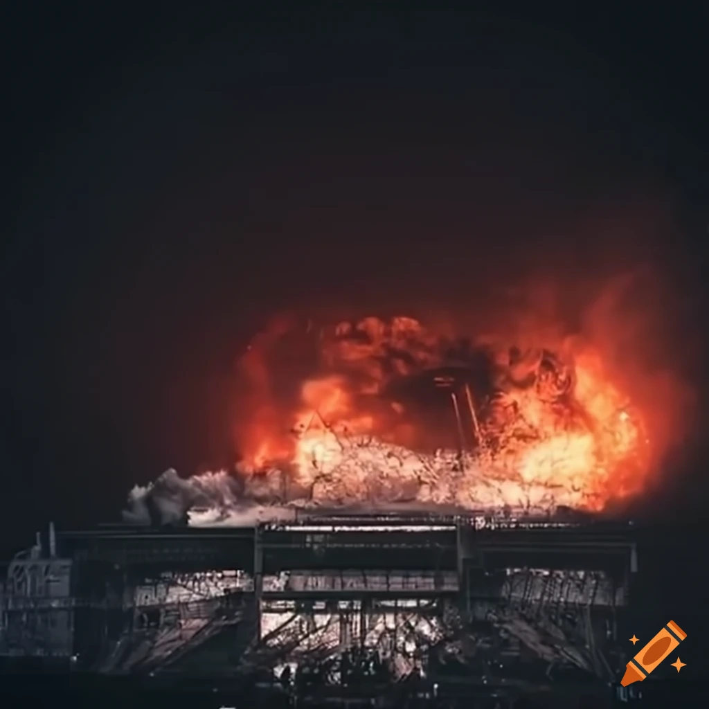 Futuristic concert stadium being demolished with fiery explosions