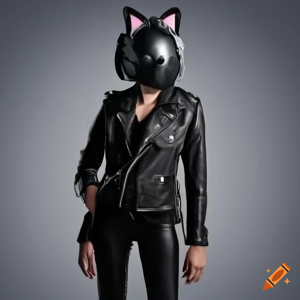 Woman in black leather outfit and cat-eared helmet