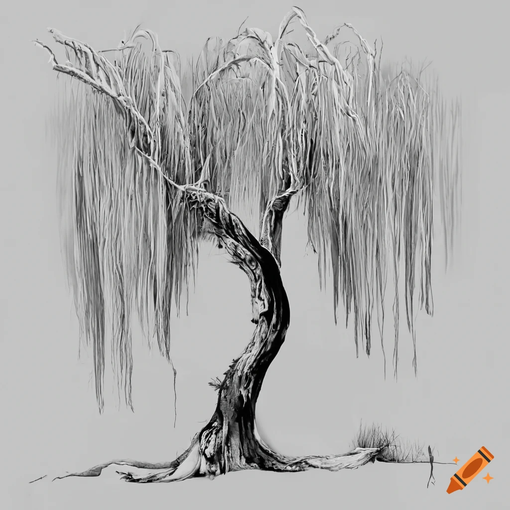 Black and white dying willow tree on white background on Craiyon