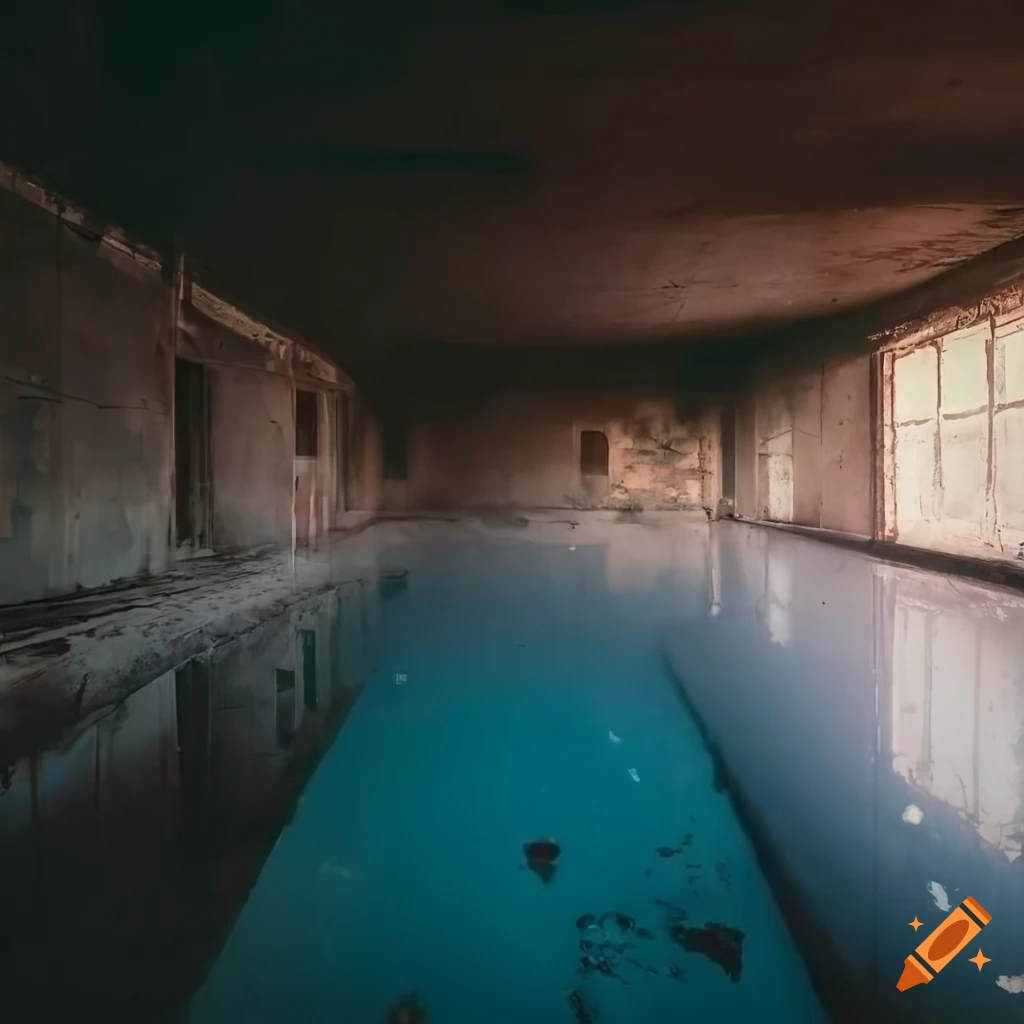 Abandoned black swimming pool with peeling paint and narrow windows in
