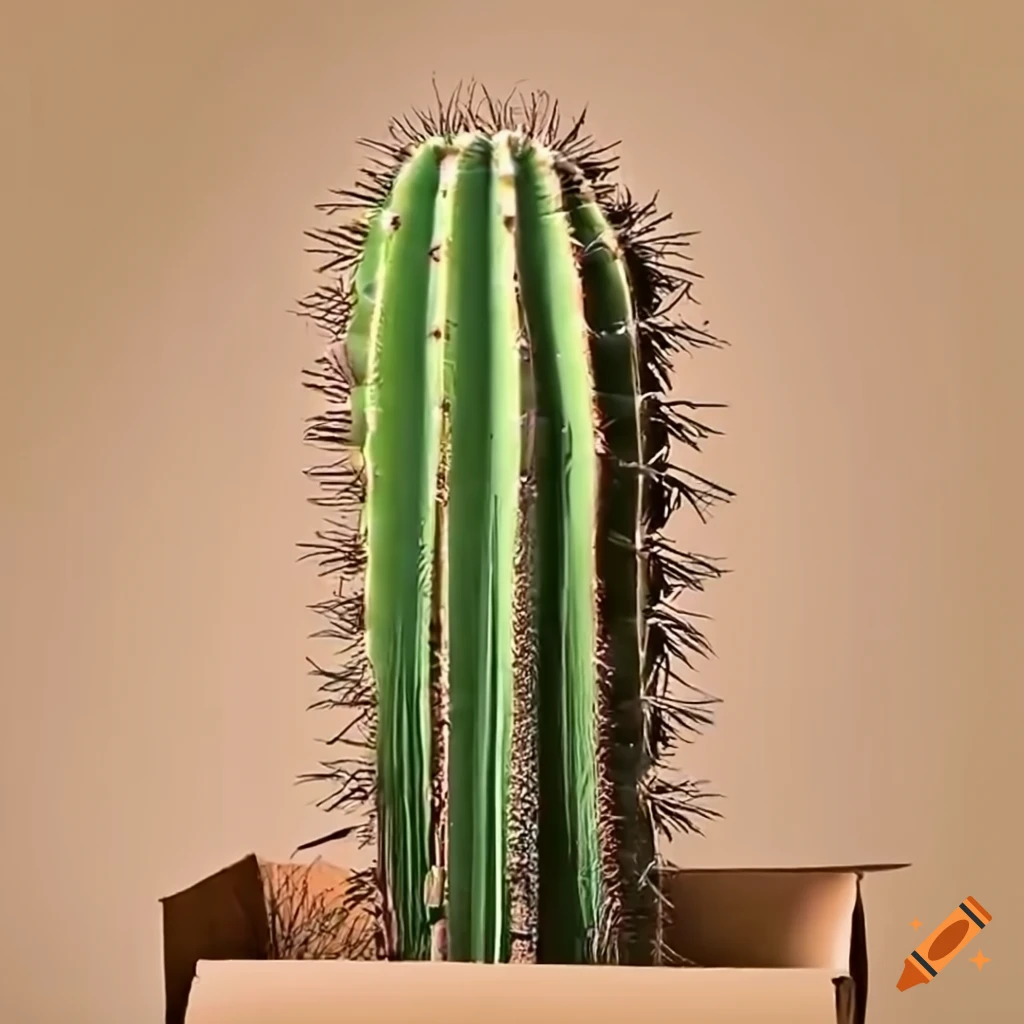 Saguaro cactus planted in a cardboard box