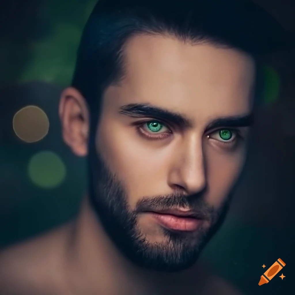 Handsome man with beard, black hair and green eyes on Craiyon