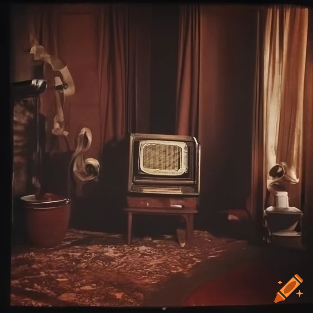 Vintage dusty radio in a dark room with antique furniture and plants, 1930s style