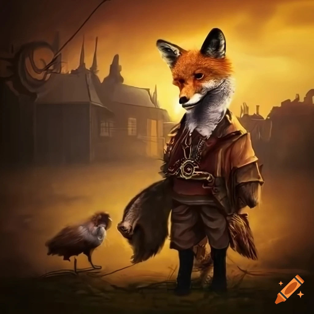 Fox patrolling a field with a steampunk henhouse in the background on