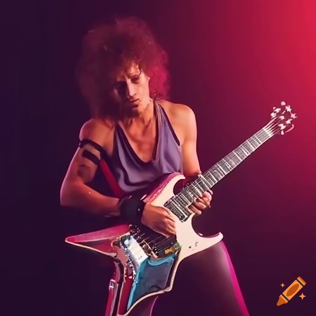 Famous 80s rock star playing a futuristic guitar on Craiyon