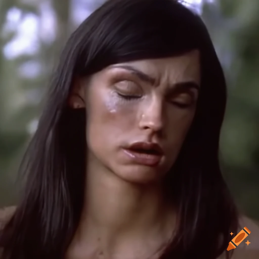 Bruised woman fighter in a 90s movie screencap