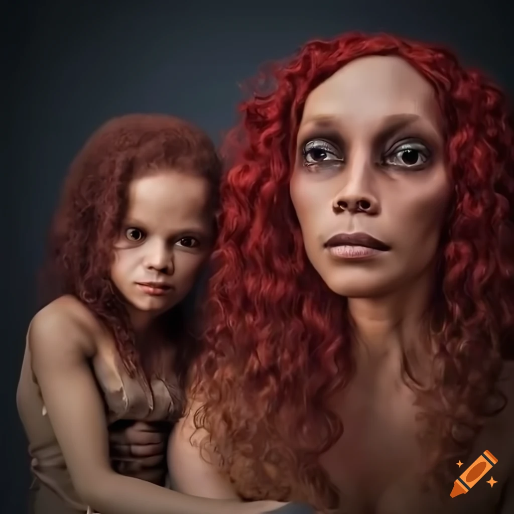 Realistic Photo Of A Humanoid Alien Mother And Daughter With Maroon Curly Hair In A Living Room 
