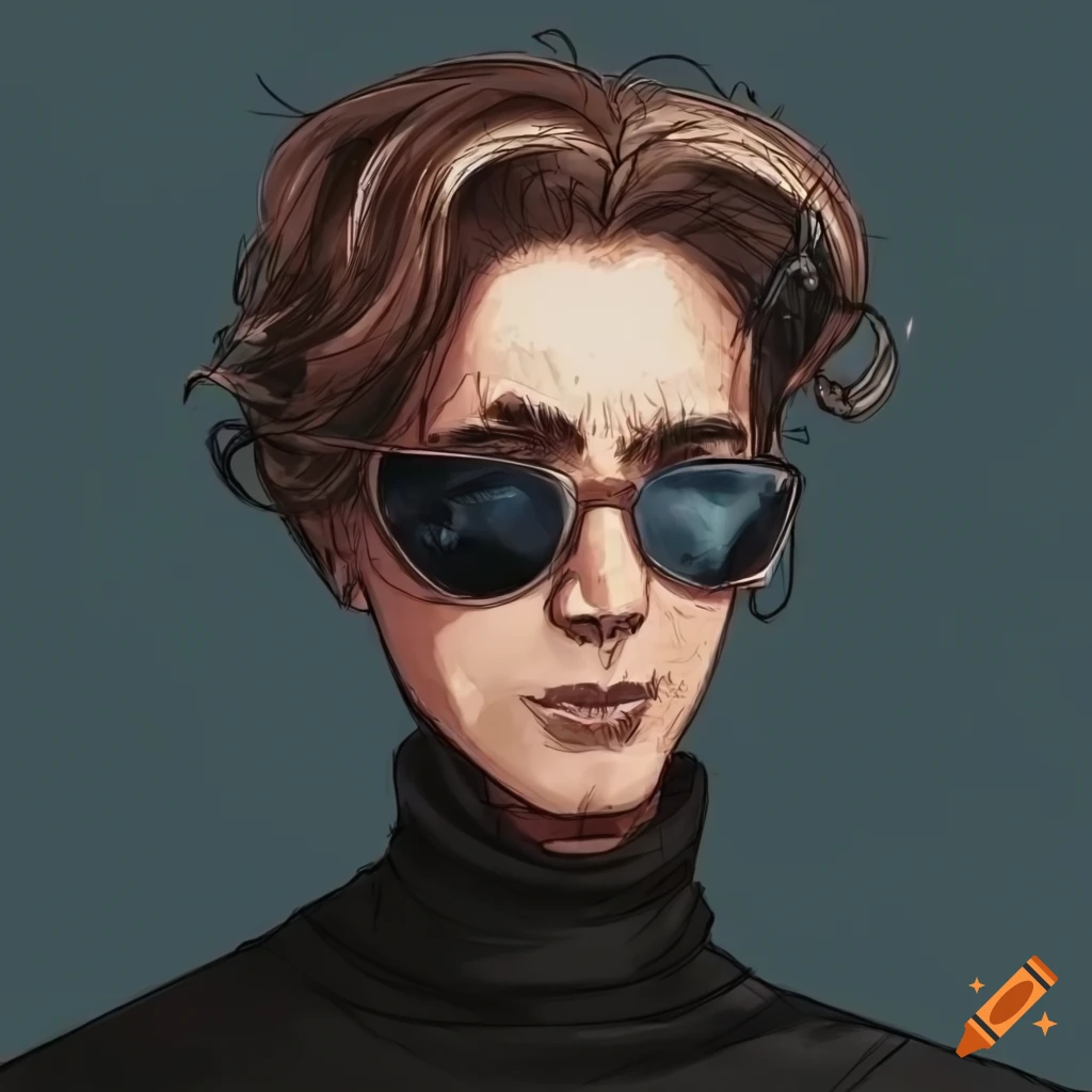 Portrait of a computer developer with sunglasses and long hair in Largo Winch style